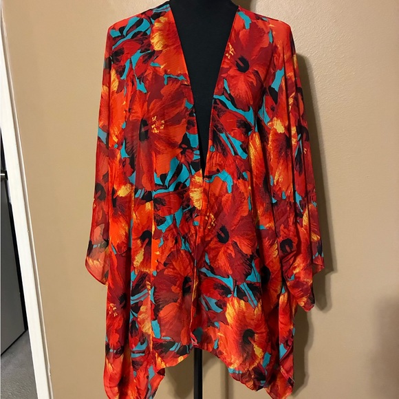 New York & Company Tops - New York & Company Red Floral Top with Teal Accents